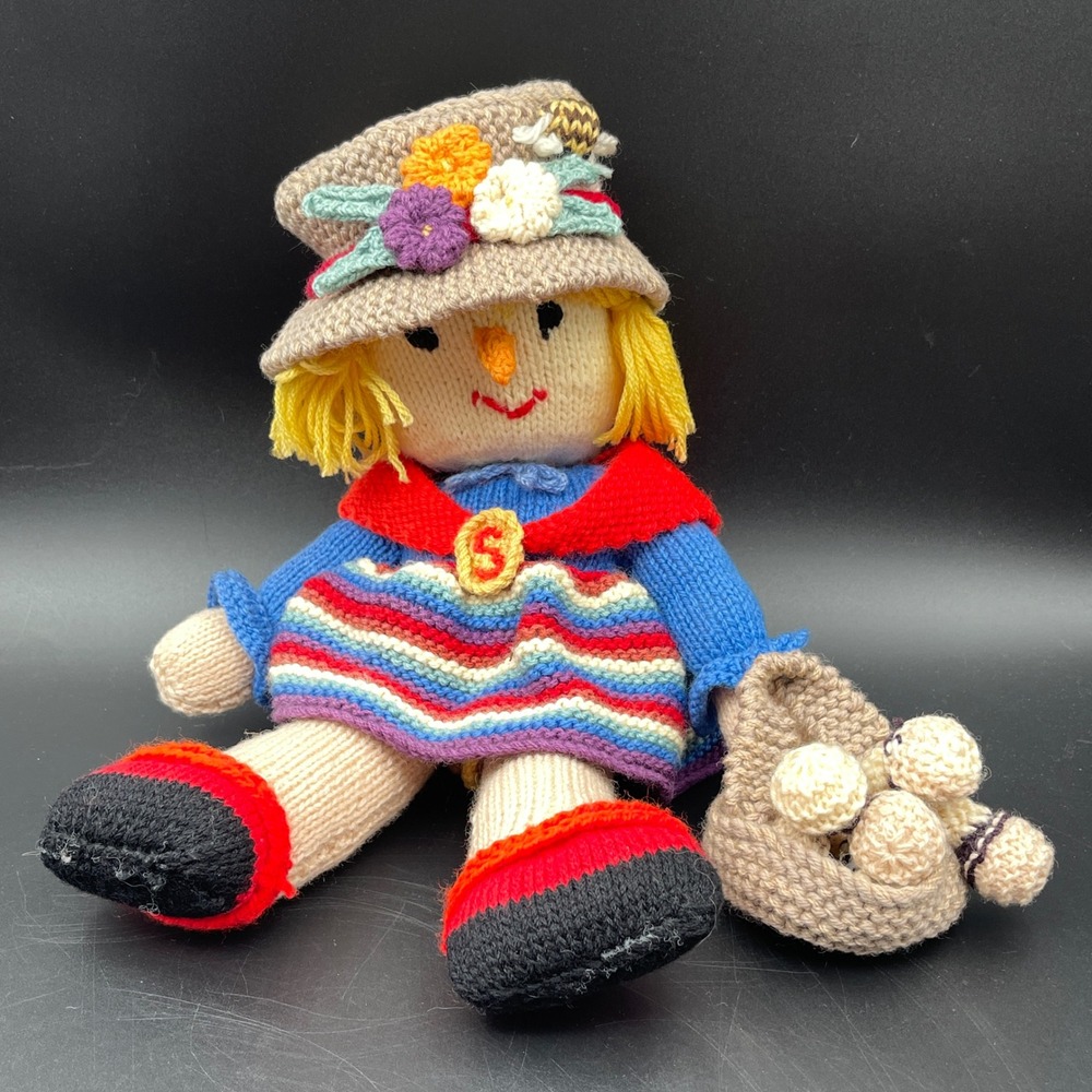 '90s Sally Scarecrow Knitted Doll Plush with Mushroom Basket Colorful 16 Inch